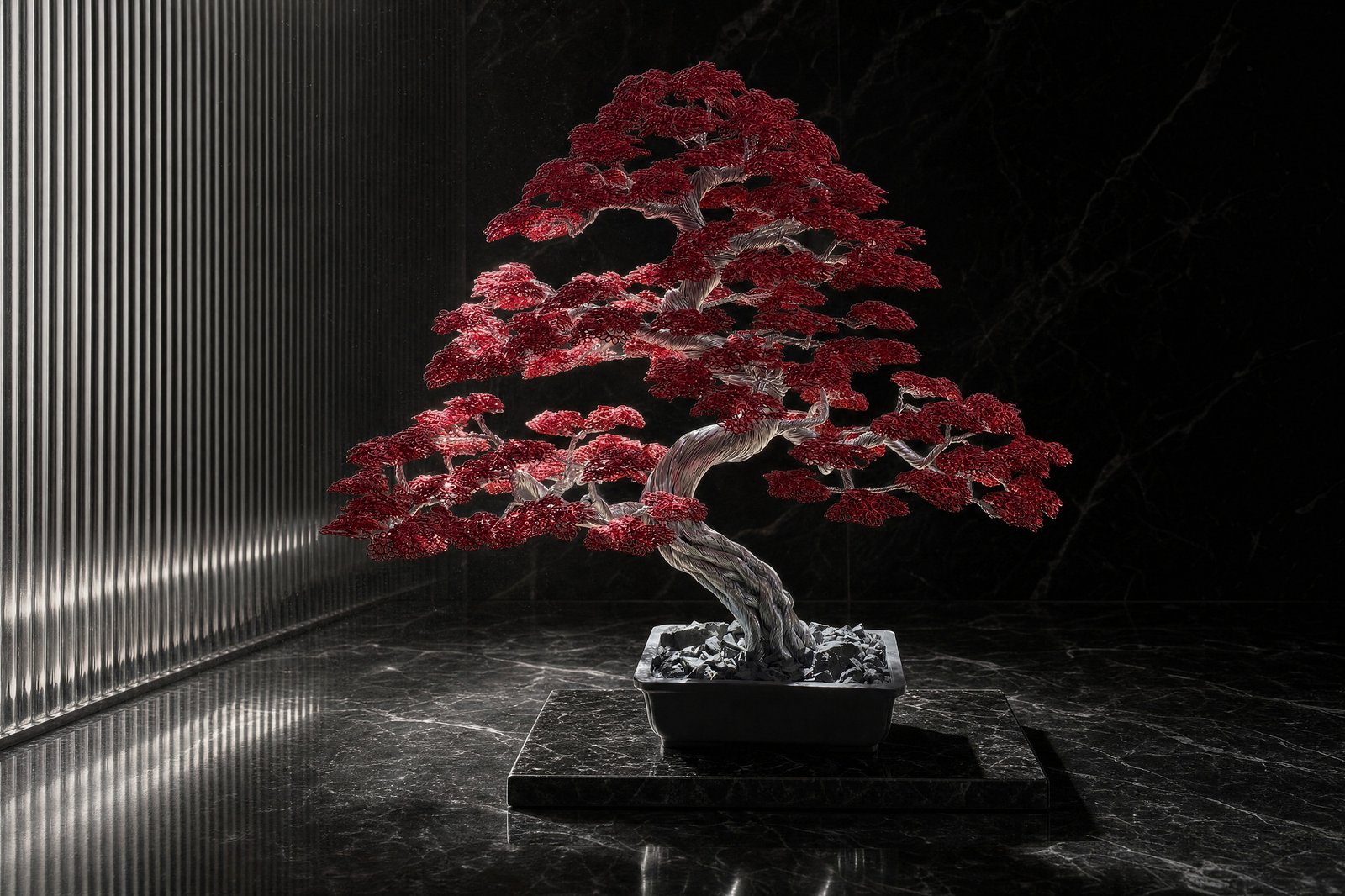 The Red Blossom seen from the side in a dark room
